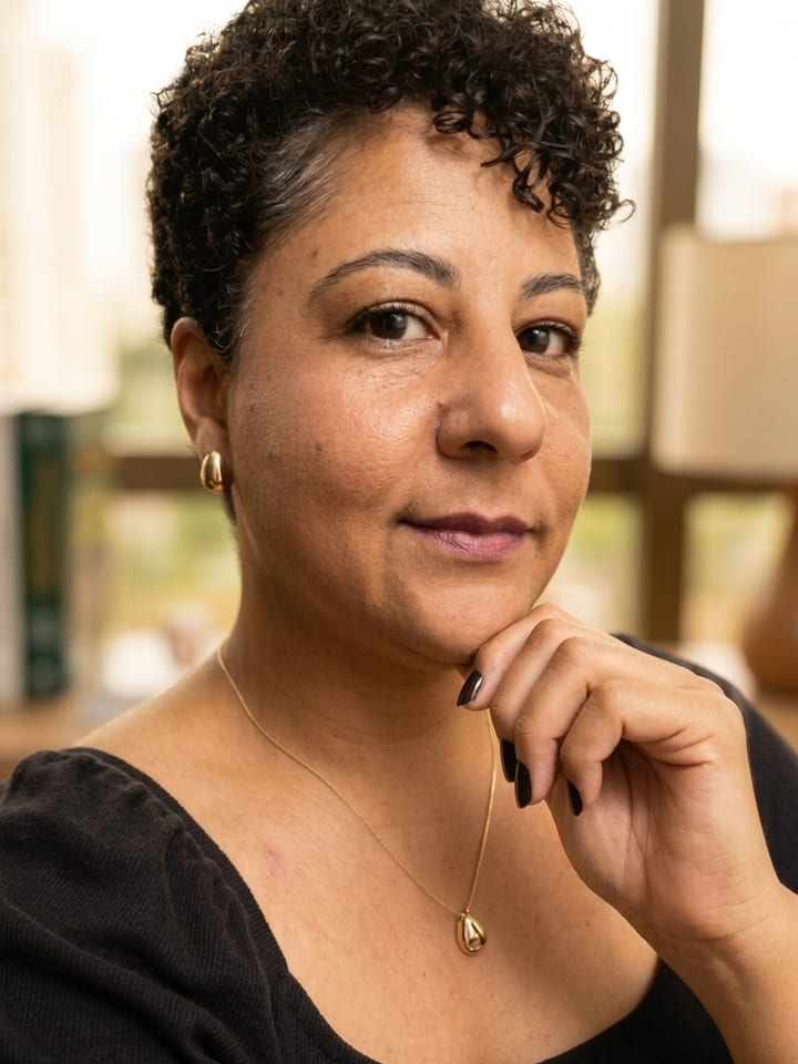 Diana Feitosa olhando para a câmera, com a mão apoiada no queixo